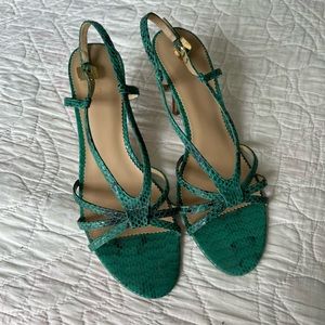 Strappy Tahari green snakeskin heeled sandals